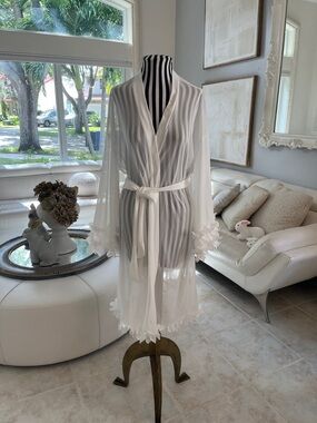 Sheer White Floral-Trim Robe with Tie Belt - Women Intimates & Sleepwear
